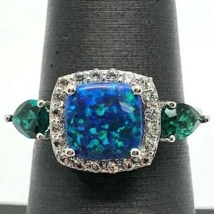 💎Gorgeous 925 Cabochon Blue Opal Green Tourmaline CZ Halo Ring!💎